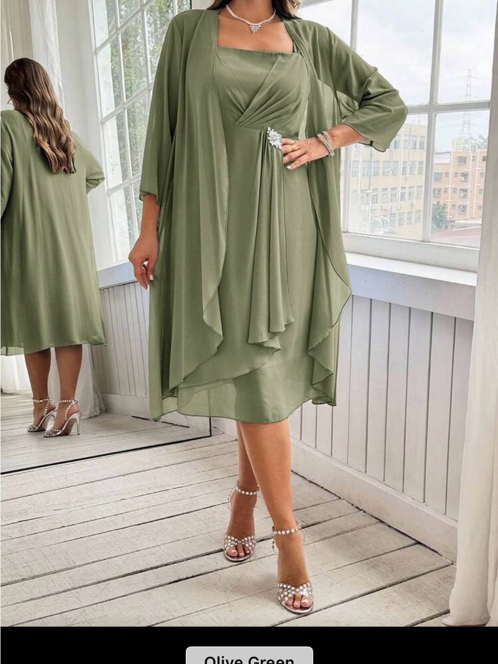 2 Piece plus size olive green strap chiffon dress & matching open jacket 2X